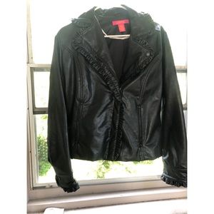 Black Leather Jacket with ruffle details